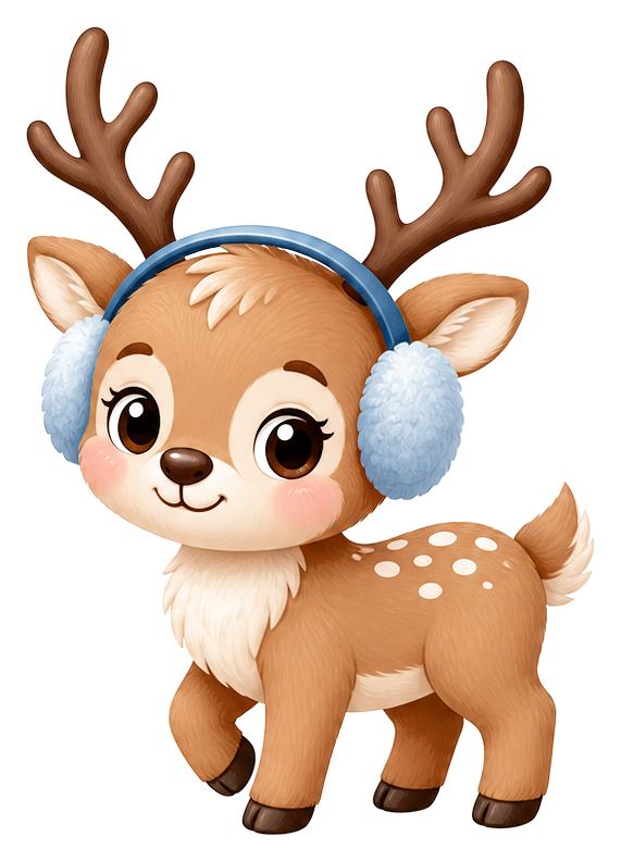Cute cartoon reindeer with antlers and blue earmuffs standing on four legs.