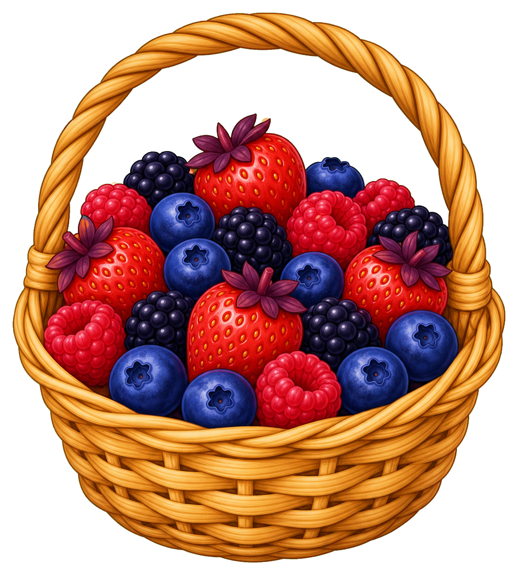 Woven basket filled with strawberries, blueberries, raspberries, and blackberries