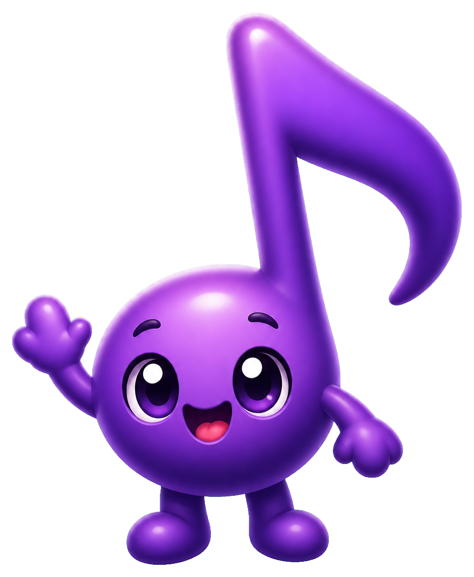 Cute purple music note character smiling with one arm raised.