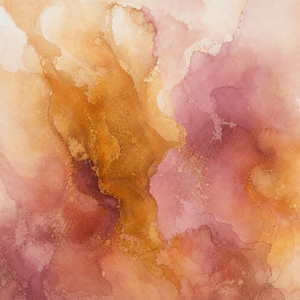 Abstract watercolor wash with soft pink, peach, and golden mineral textures