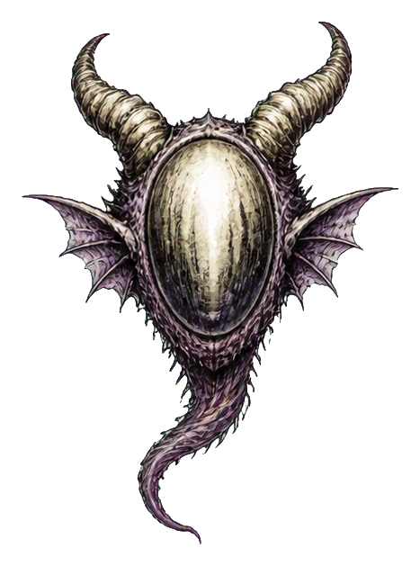 Fanged horned siren creature with a pale oval face, bat-like wings, and a curled tail