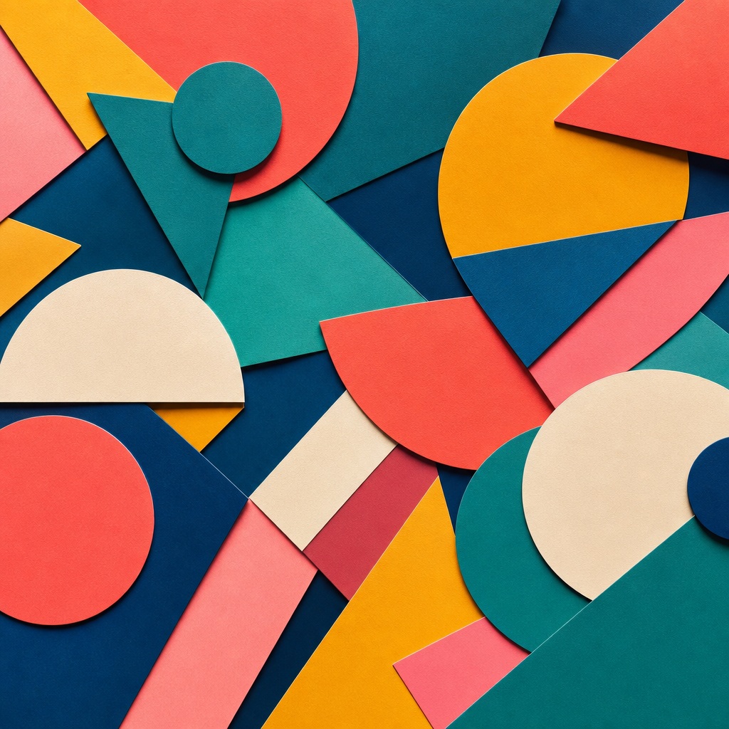 Colorful paper cut geometric shapes layered on a teal background.