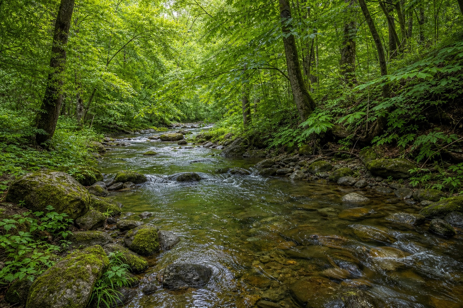 Shallow woodland creek flowing through a lush green forest