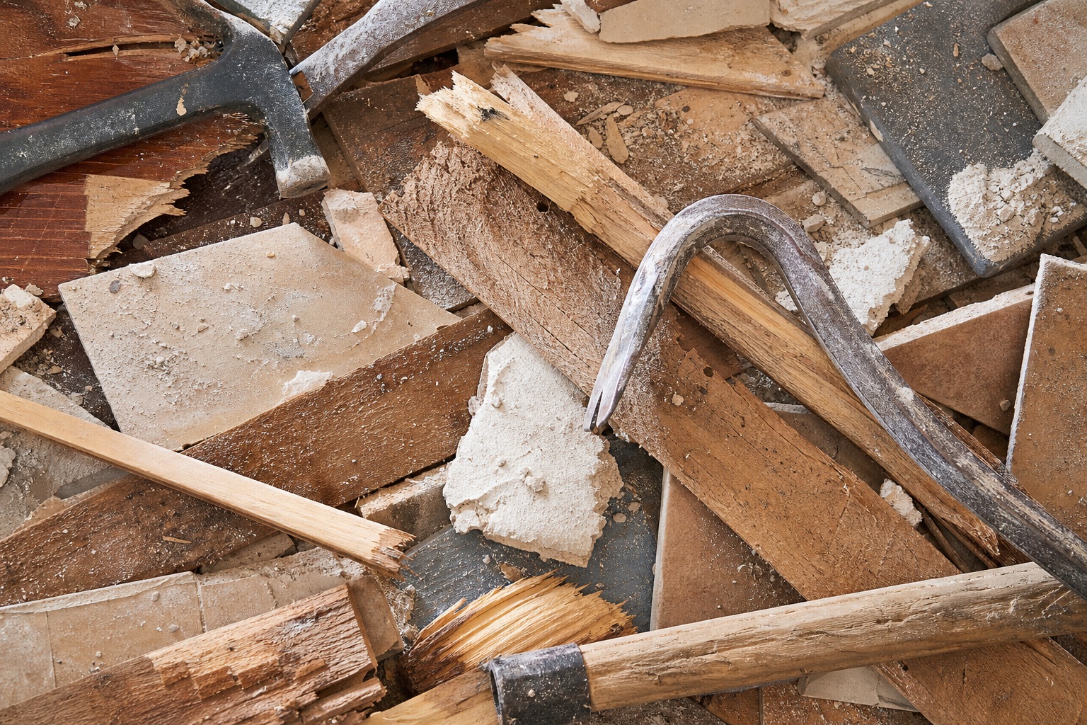 Pile of broken wood scraps and tile pieces with renovation debris texture
