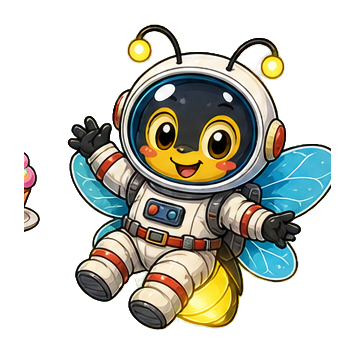 Cute cartoon astronaut firefly with glowing wings and a smiling face.