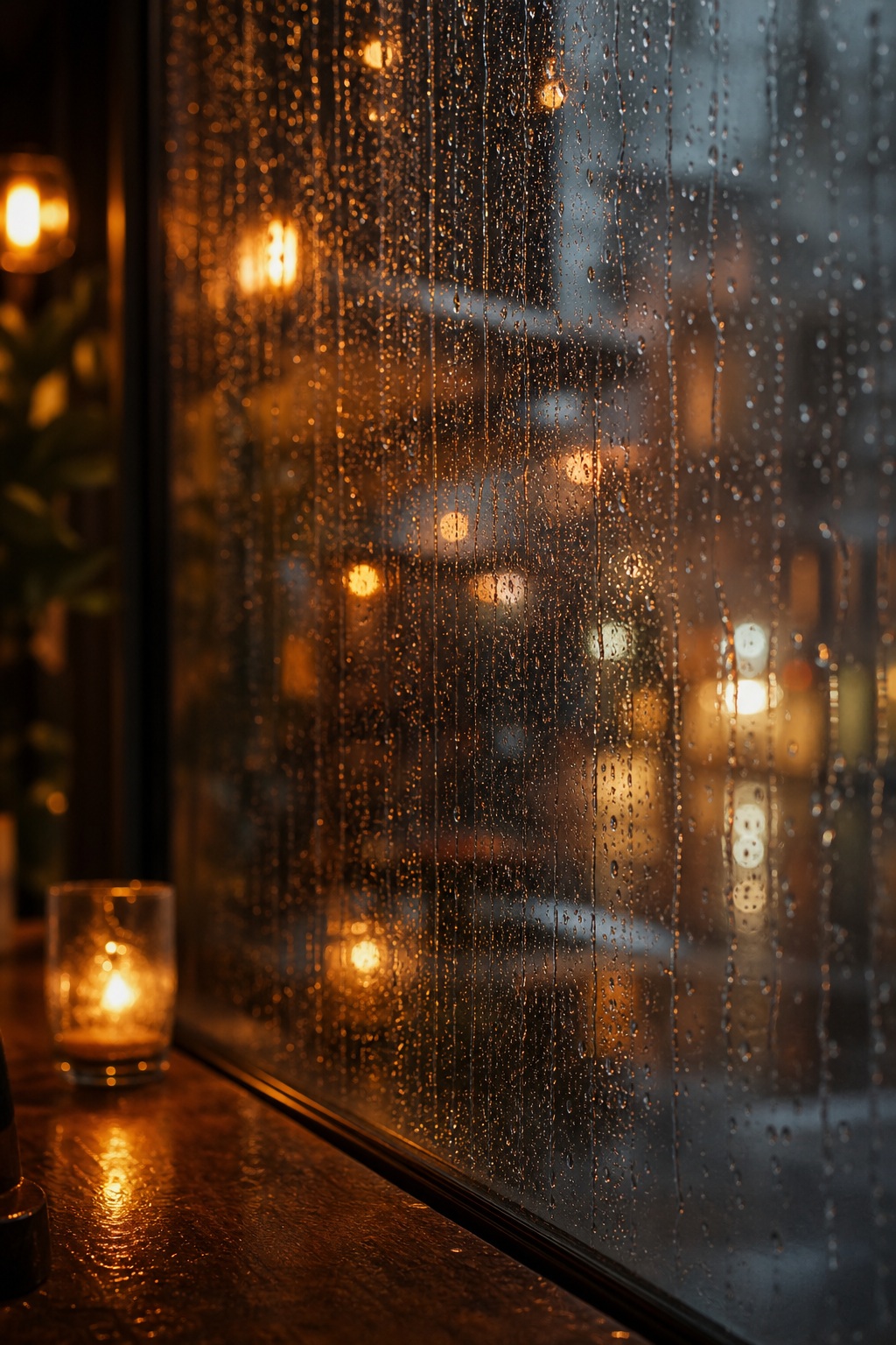 Rainy window with warm glowing lights and soft bokeh reflections