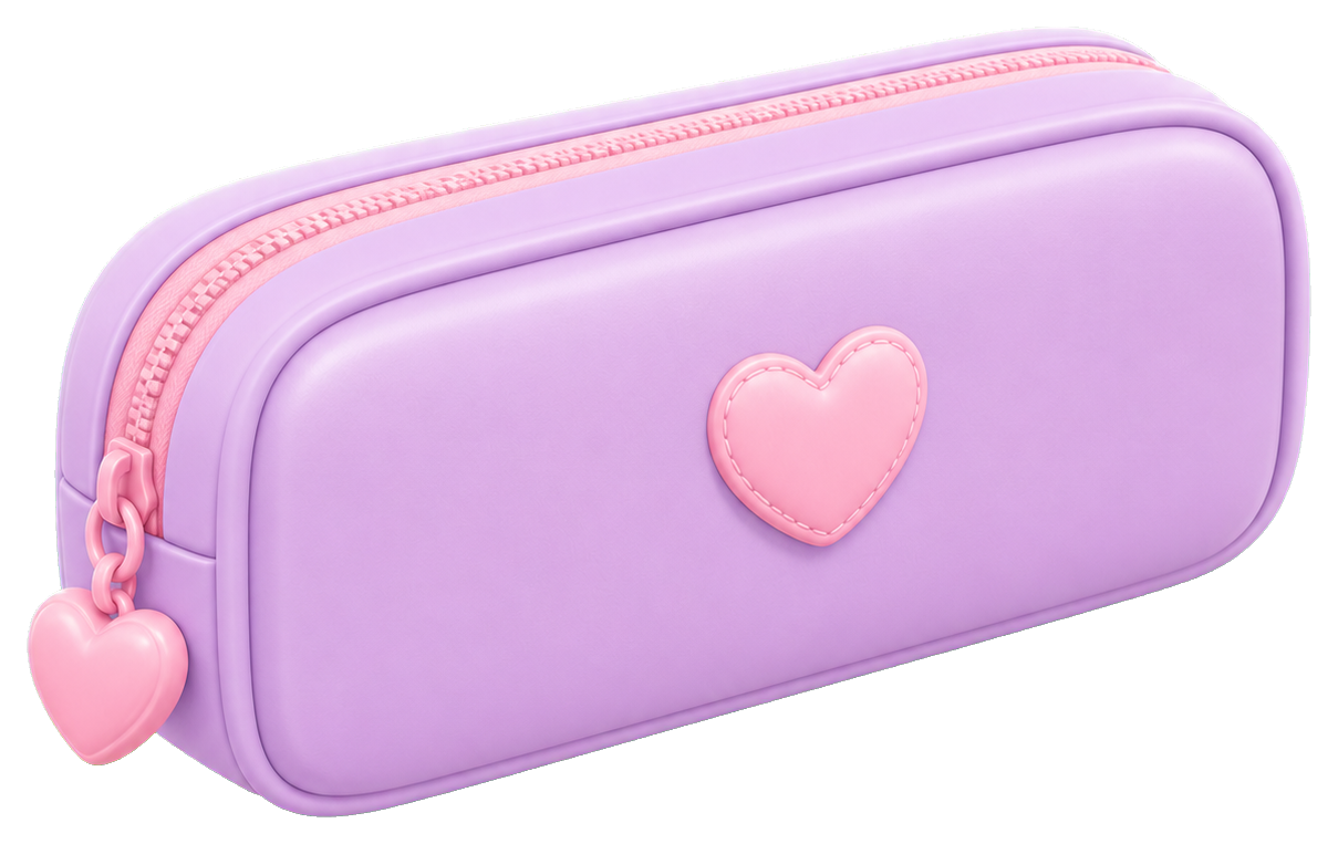 Purple pencil case with a pink zipper and heart charm sticker
