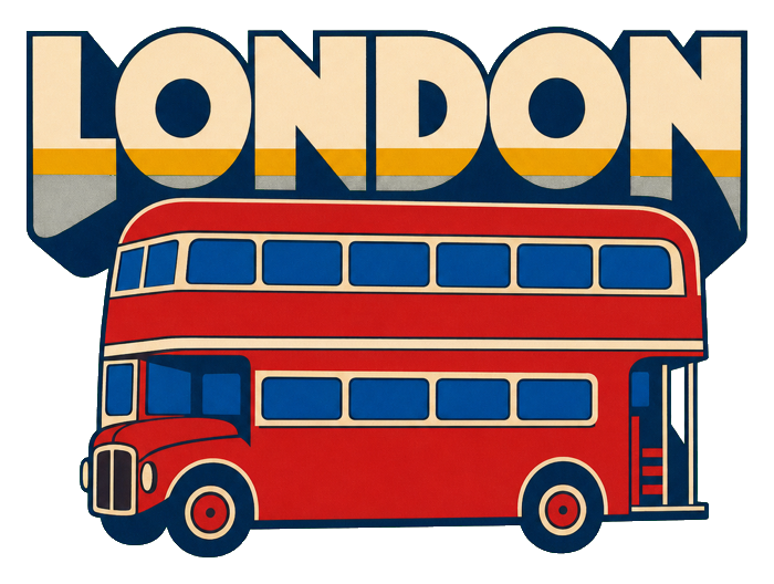 Retro red double-decker London bus with the word LONDON above it