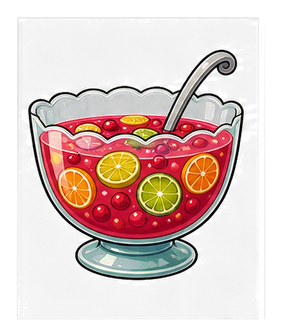 Colorful punch bowl filled with fruit slices and a ladle.