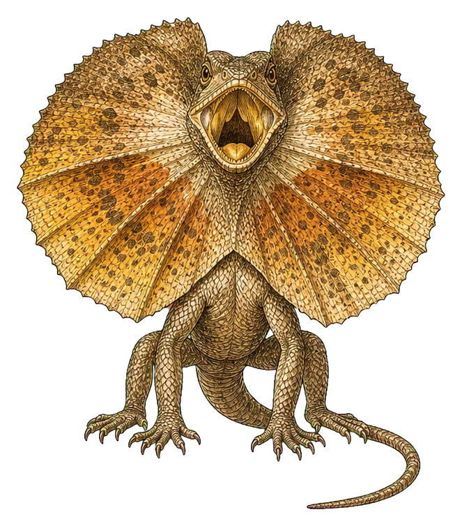 Vintage illustration of a frilled lizard standing with its frill spread wide