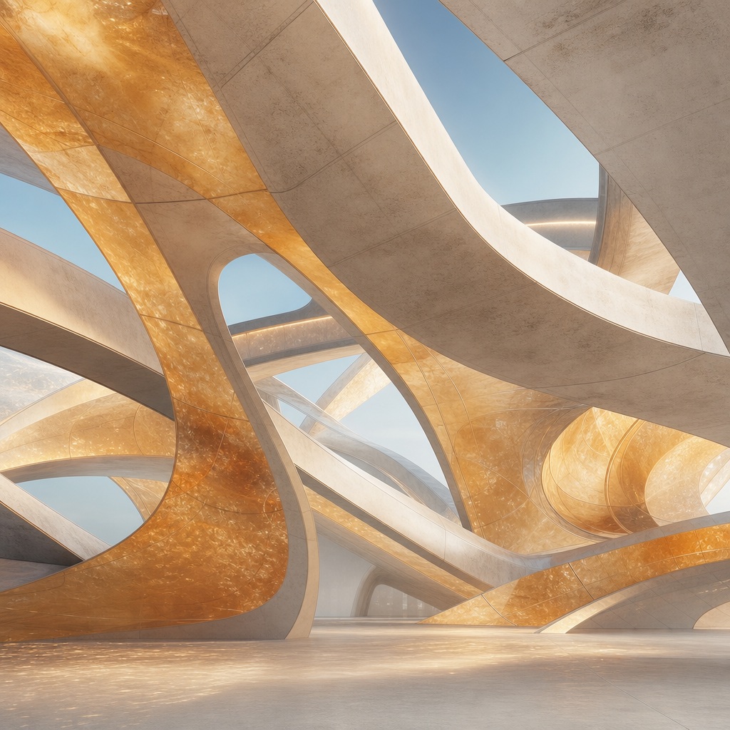 Sunlit amber futuristic architectural ribs curving through a bright modern space.