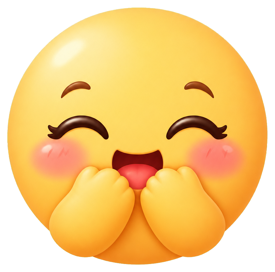 Smiling yellow giggle face with closed eyes and hands covering its mouth