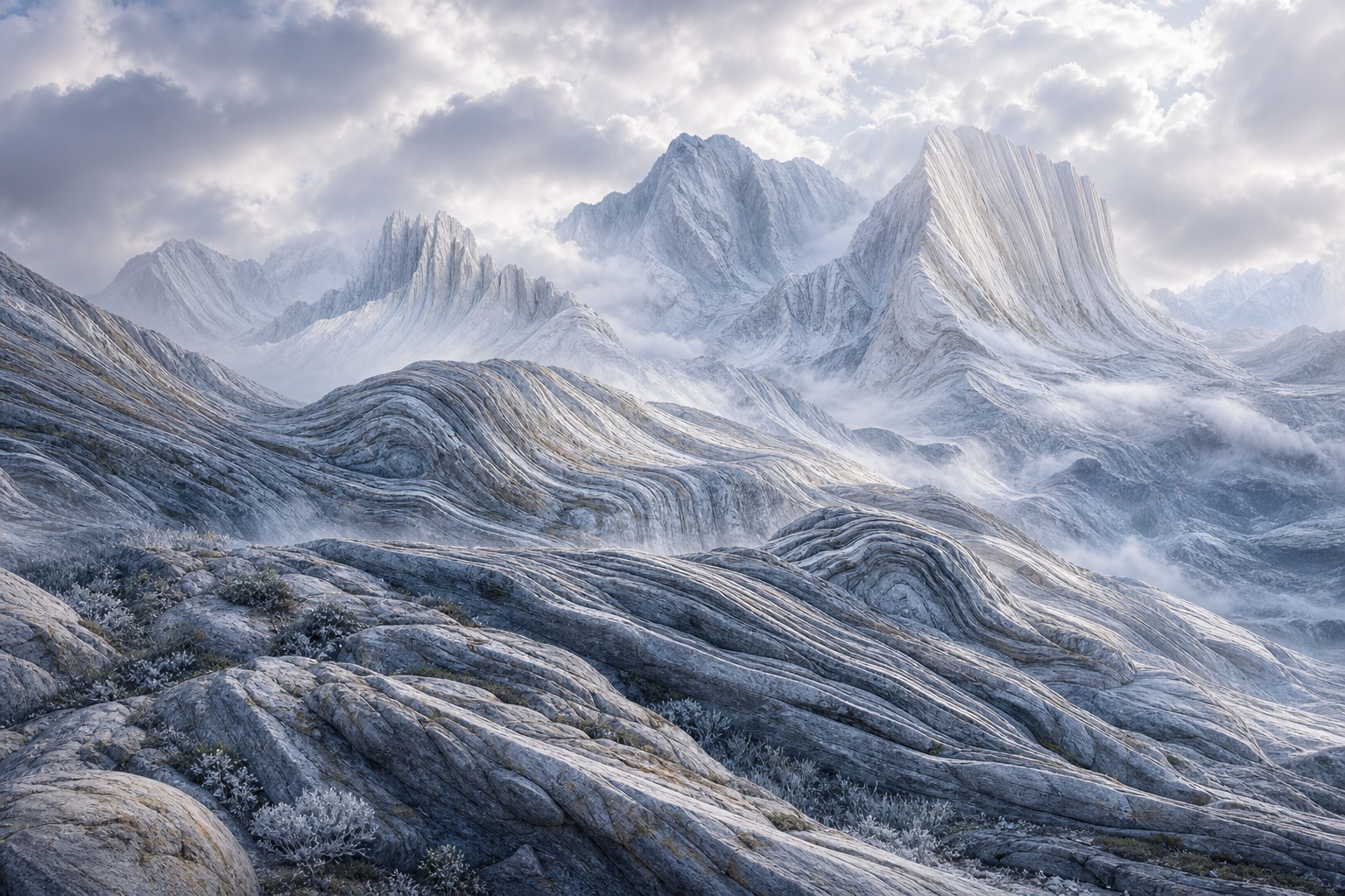 Snowy futuristic mountains with layered stone folds under a bright silver dawn sky.