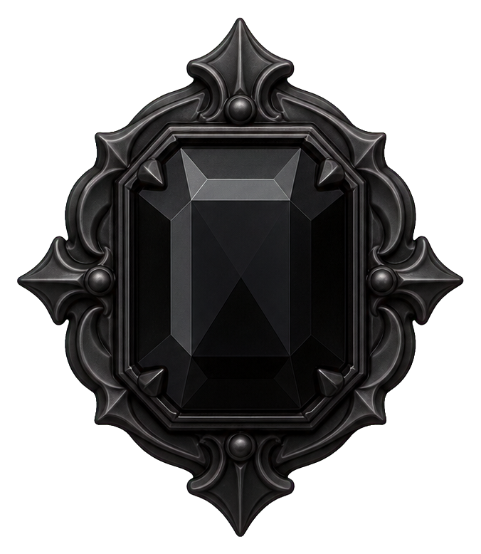 A black faceted gem in an ornate dark frame on a transparent background.