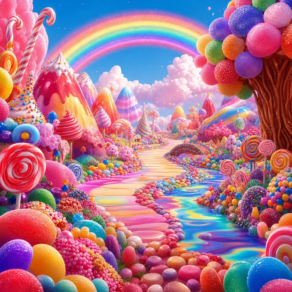 Colorful cartoon candy world with rainbow path, lollipops, and candy hills