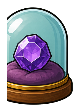 Purple faceted gemstone displayed under a glass dome on a pedestal.