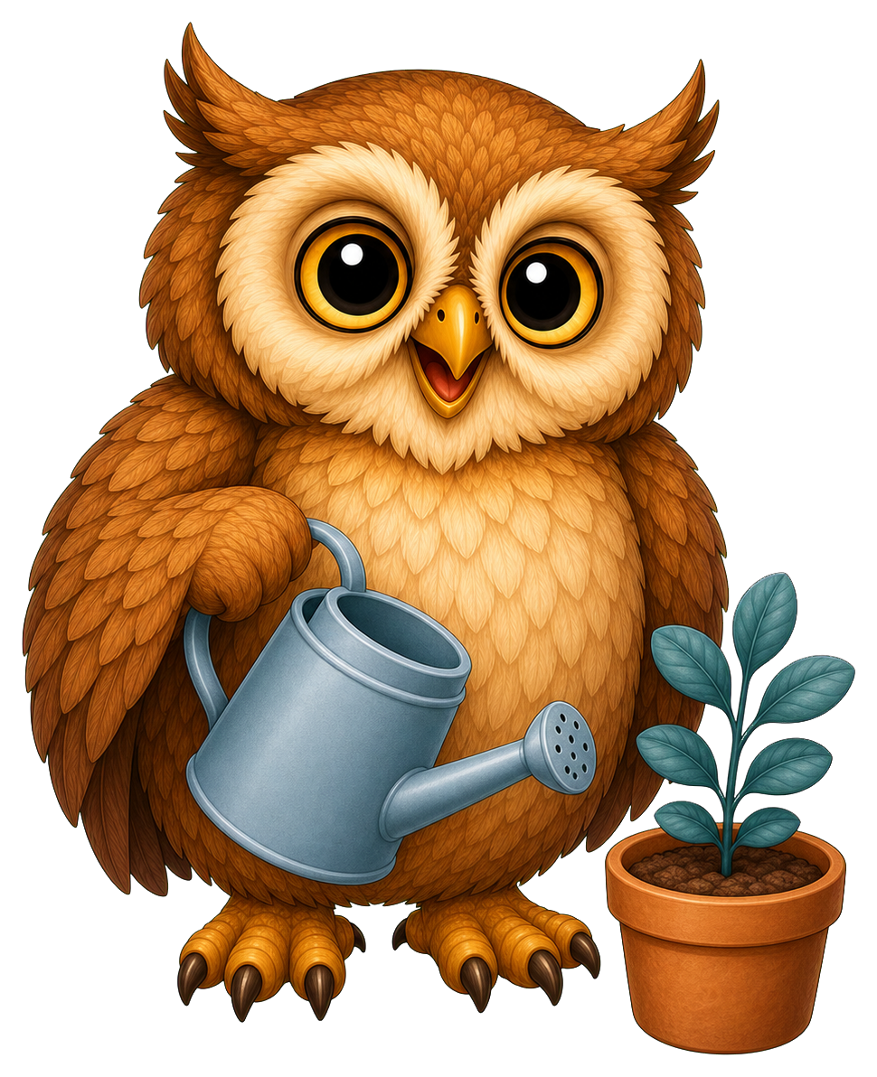 Cute owl holding a watering can beside a small potted plant
