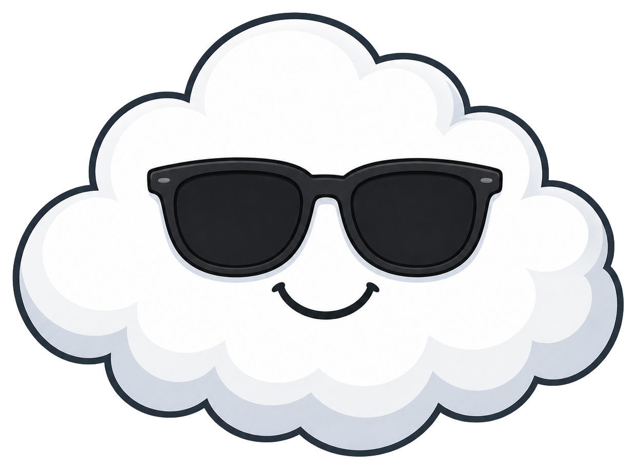 Cartoon cloud wearing black sunglasses with a small smiling face