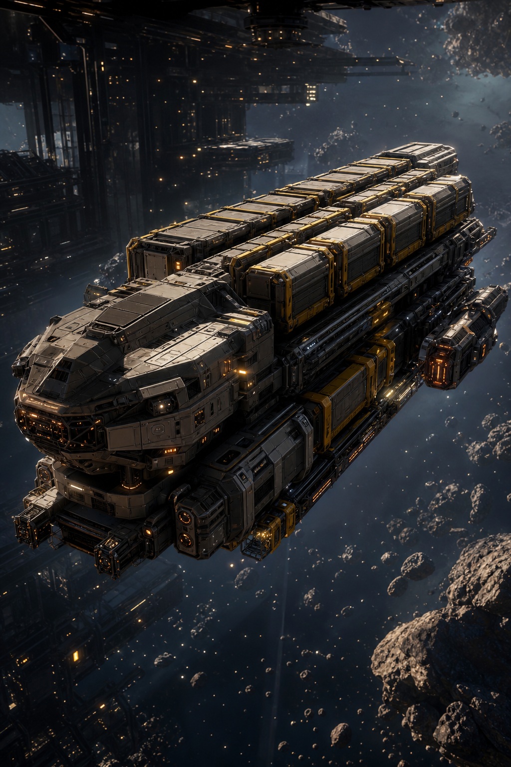 Large futuristic cargo freighter flying above Earth with glowing city lights below