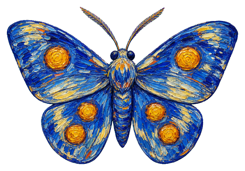 Blue painterly moth with orange spots and textured wings
