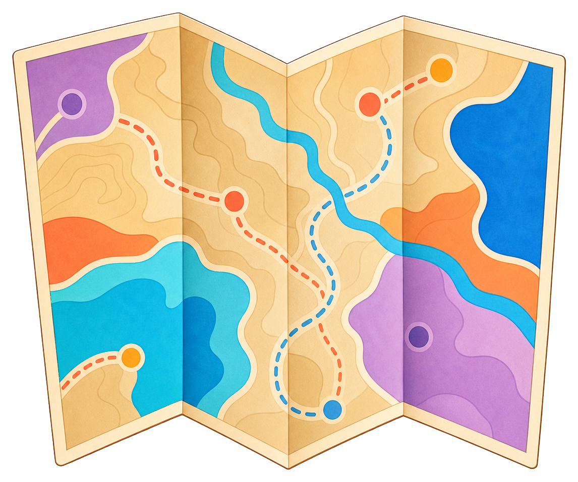 Folded blank travel map sticker with colorful route lines and location dots