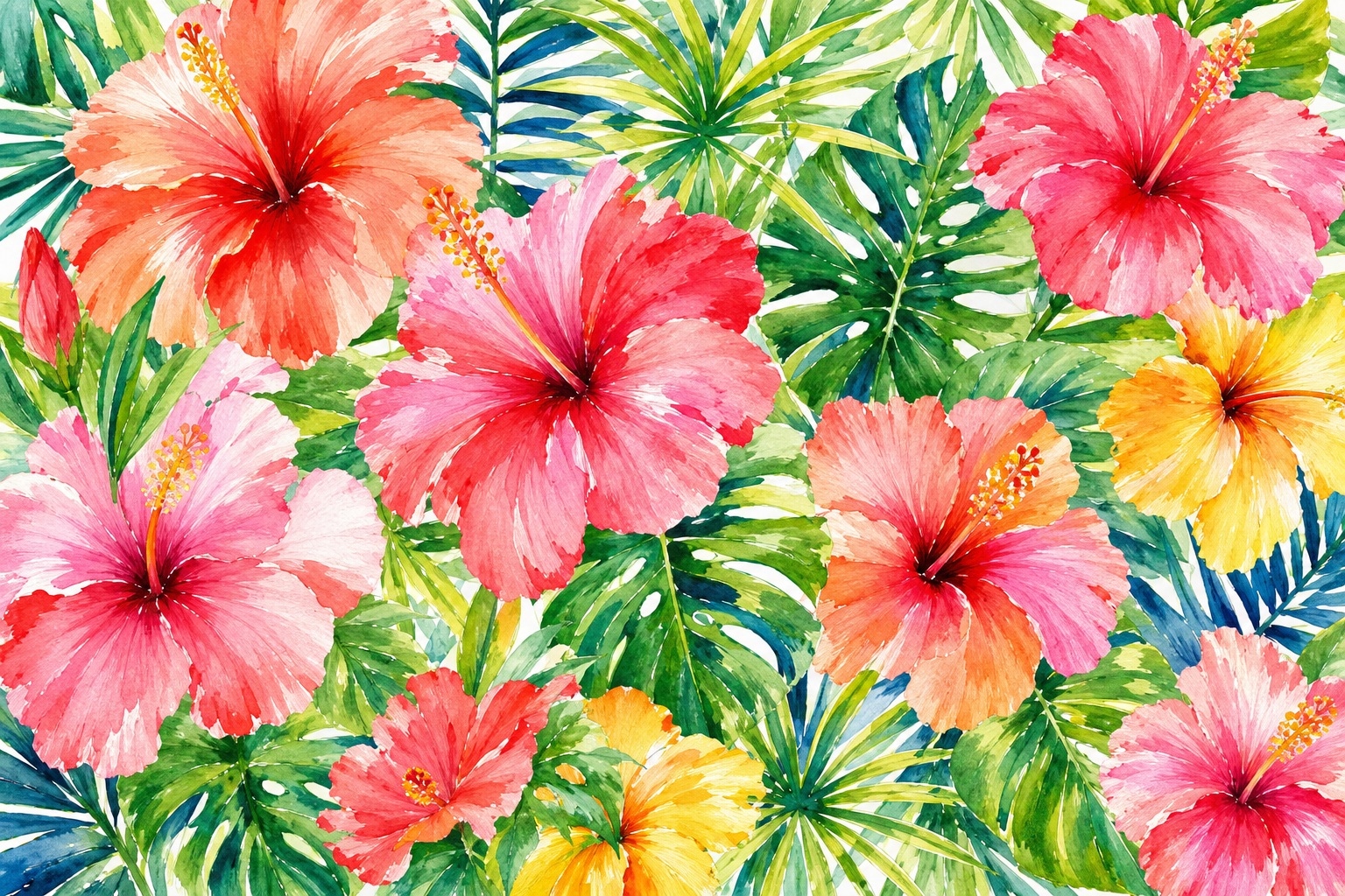 Watercolor hibiscus flowers in coral, pink, yellow, and green on a lush floral background