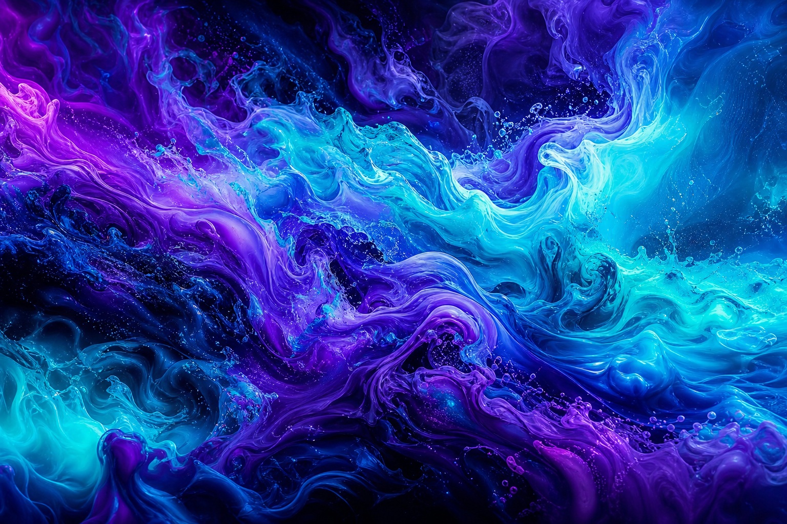 Violet and aqua liquid abstract waves flowing across a dark background