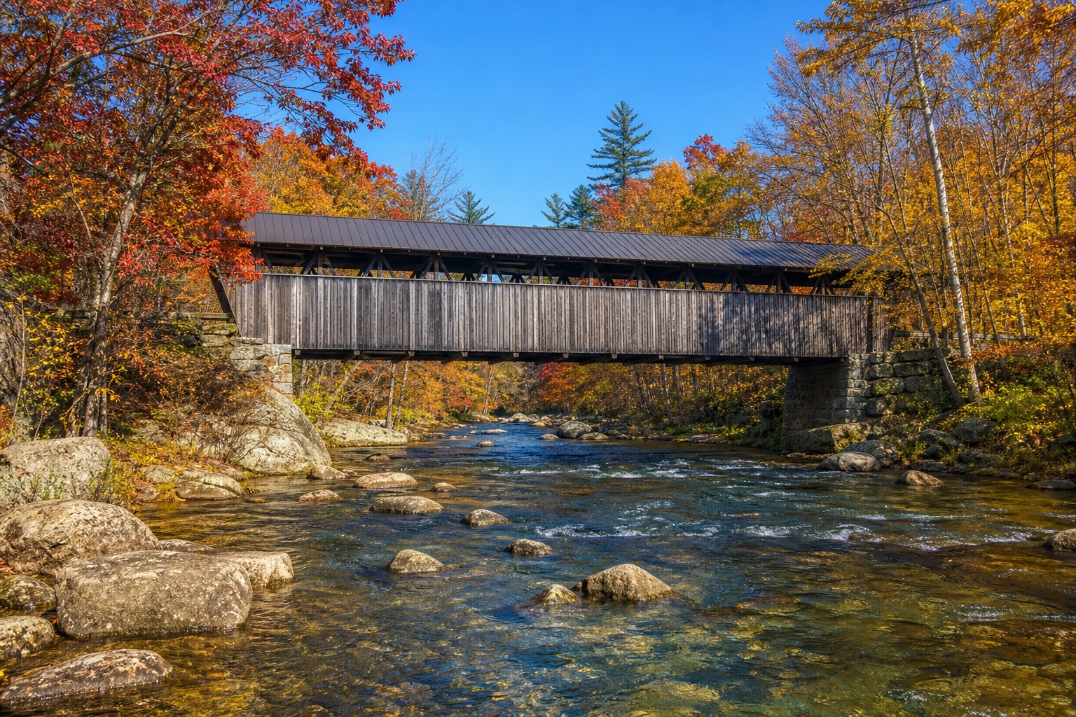 Covered bridge over a rocky river with bright autumn trees on a clear morning