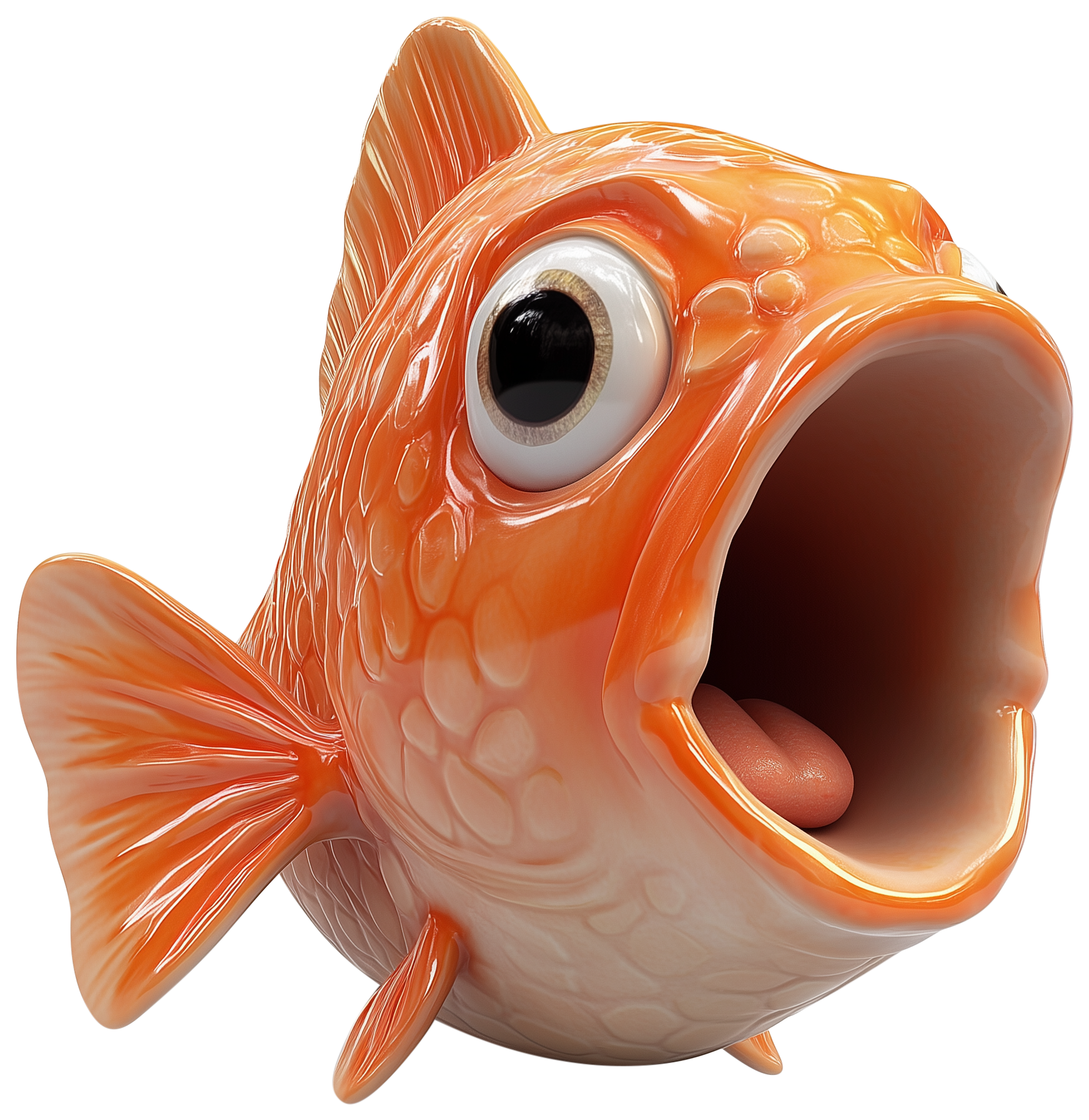 A 3D cartoon gold fish with an open mouth and orange fins
