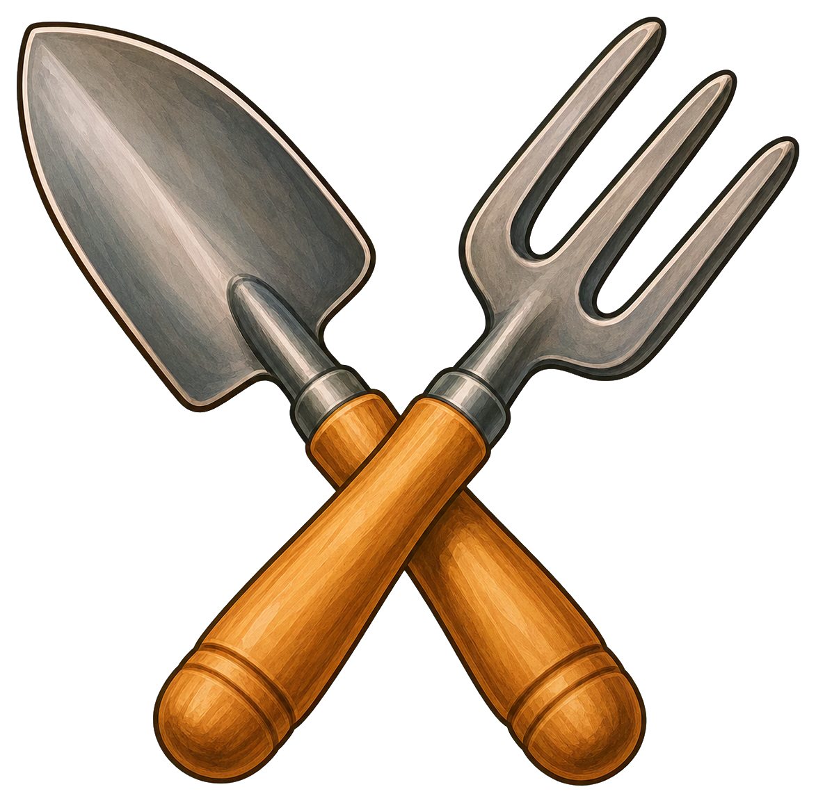 Crossed garden trowel and fork with wooden handles and metal heads