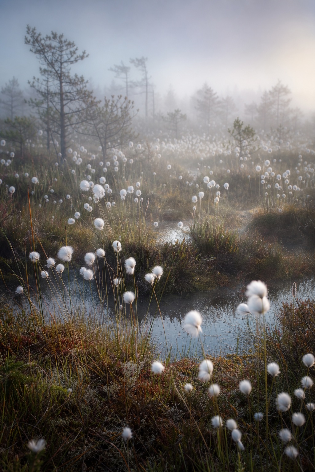 Misty wetland with silver haze, marsh grasses, and white bog cotton tufts