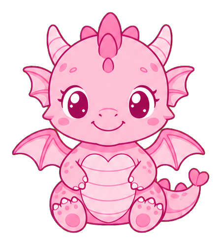 Cute baby pink dragon with wings, big eyes, and a smiling face.