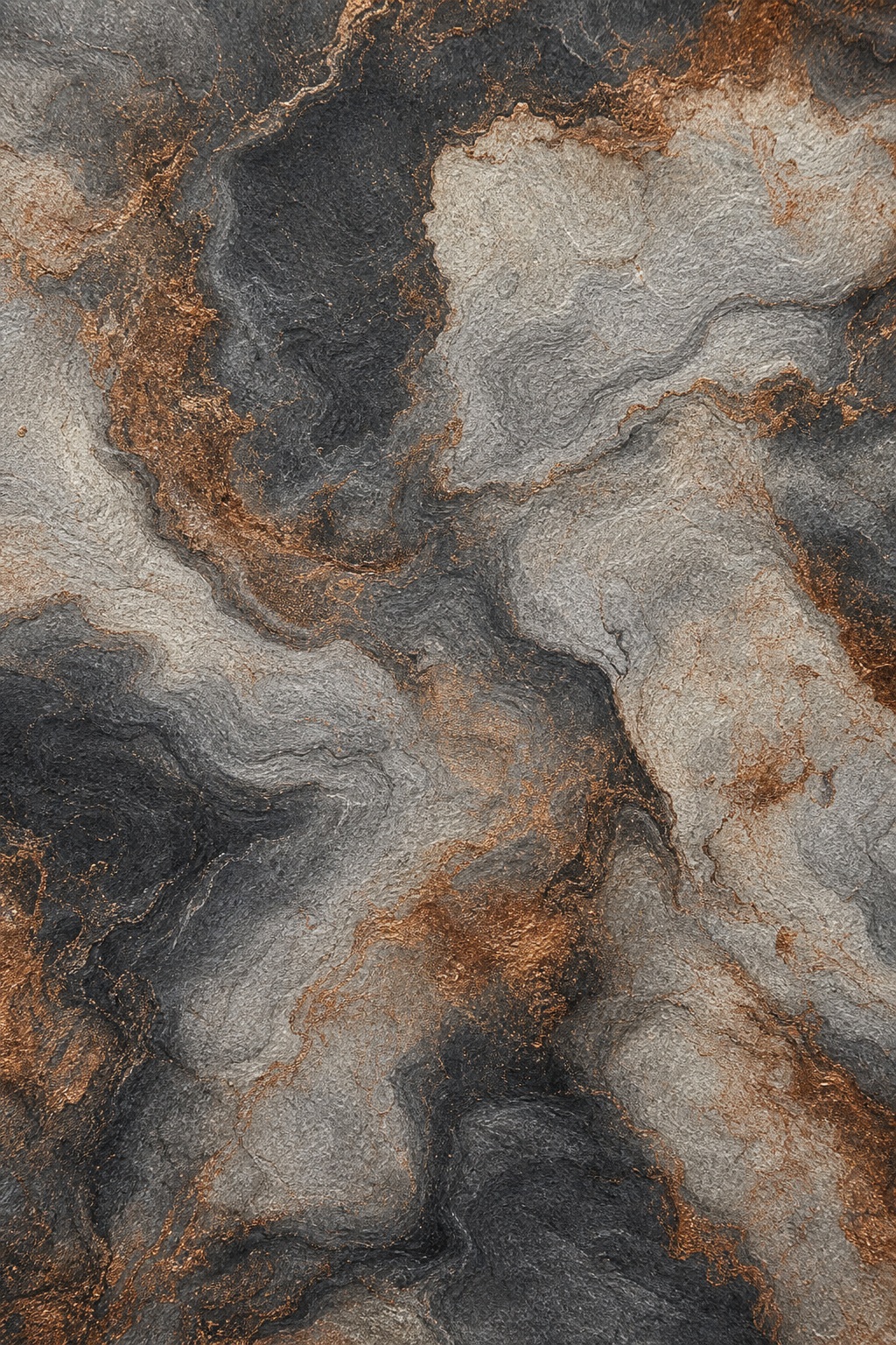 Abstract charcoal and copper marbled paper texture with layered crepe-like grain.