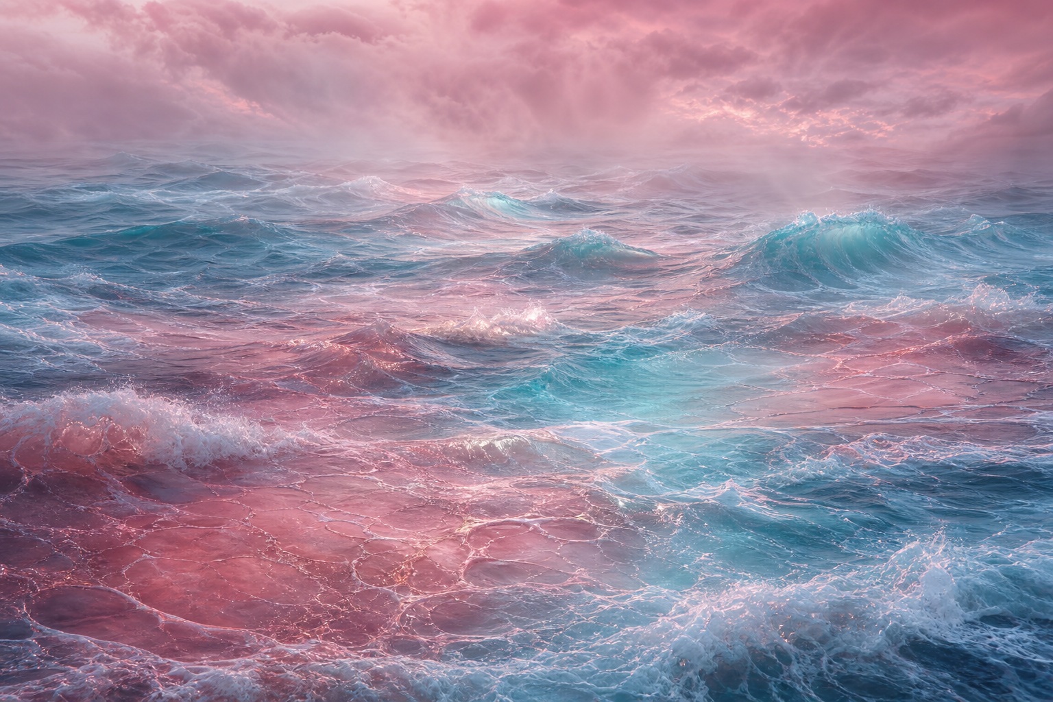 Pink rose mist over a futuristic ocean surface with blue water and soft horizon light