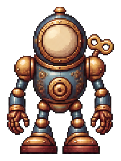 Brass clockwork robot sentinel with round head and mechanical arms