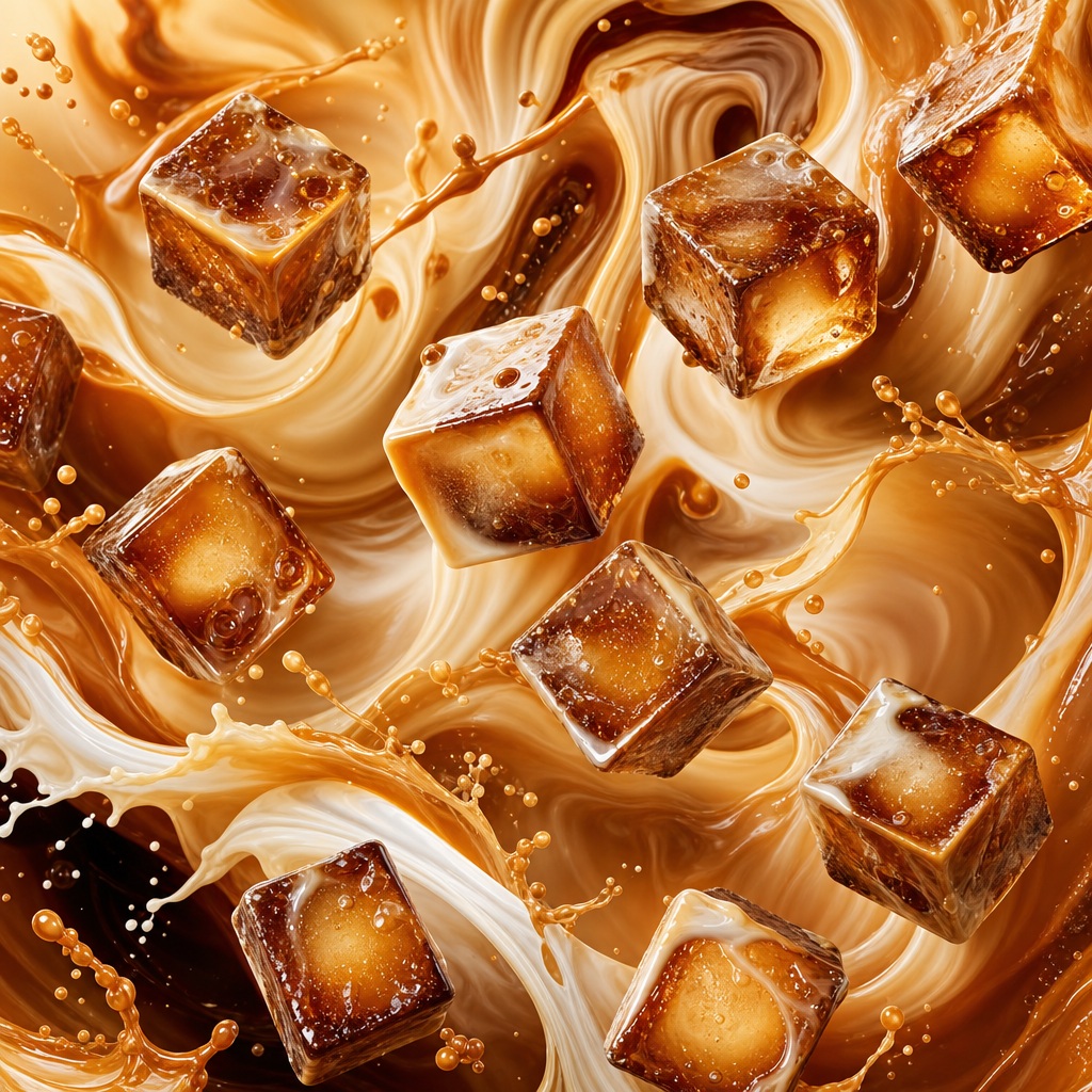 Caramel and coffee swirls with scattered iced coffee cubes and glossy texture.