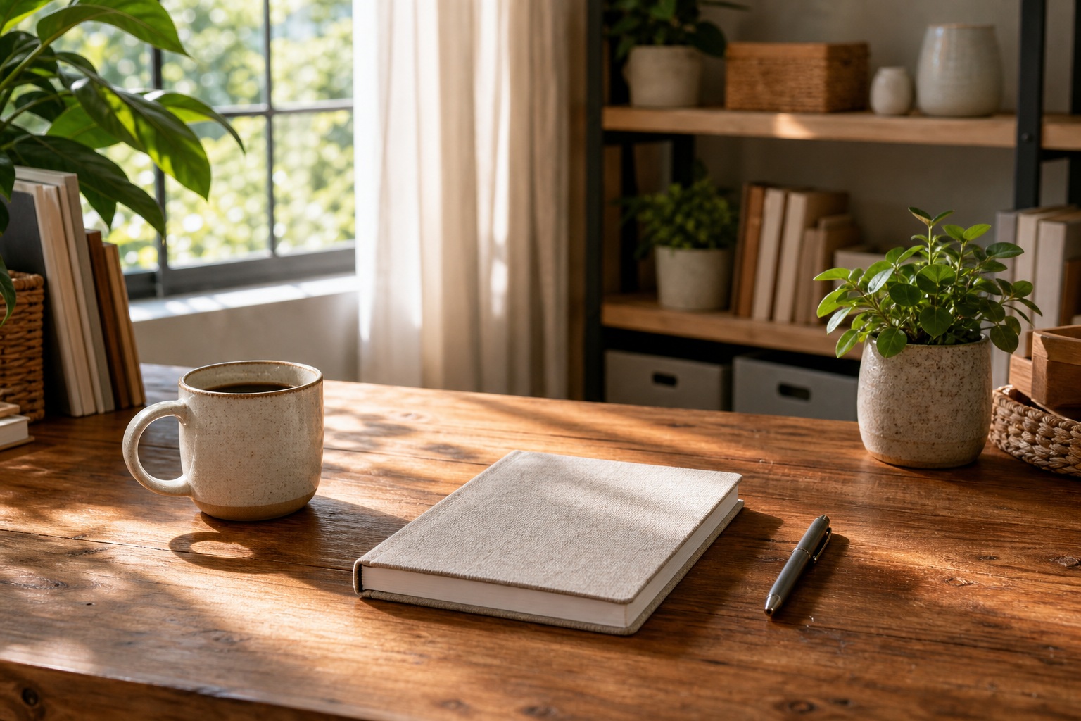 Preview for Sunlit Wood Desk Workspace Background