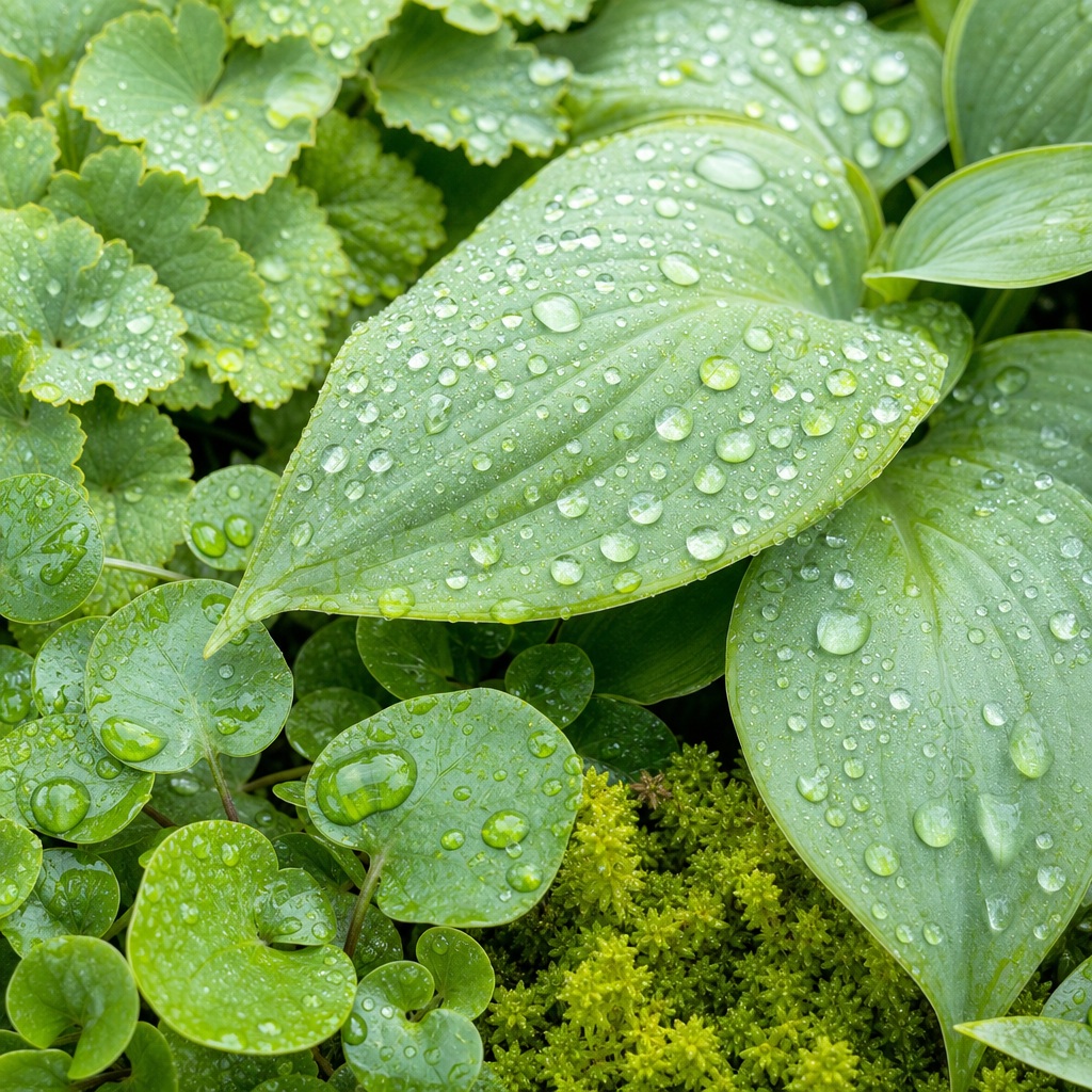 Fresh green leaves covered in rain droplets and wet moss in a macro garden scene.