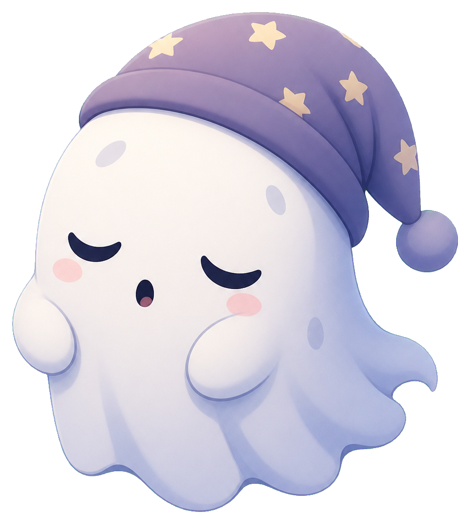 Cute sleepy ghost wearing a purple starry nightcap with closed eyes and blush cheeks.