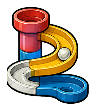 Colorful marble run curve track with a marble on a blue base