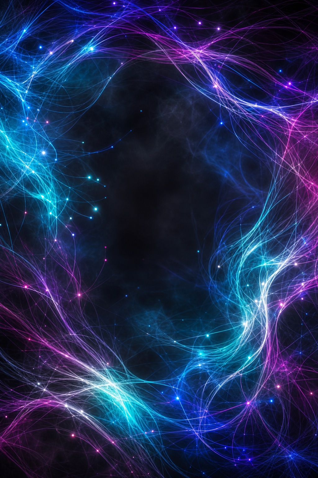 Abstract electric blue and magenta light trails forming a glowing frame around a dark center.