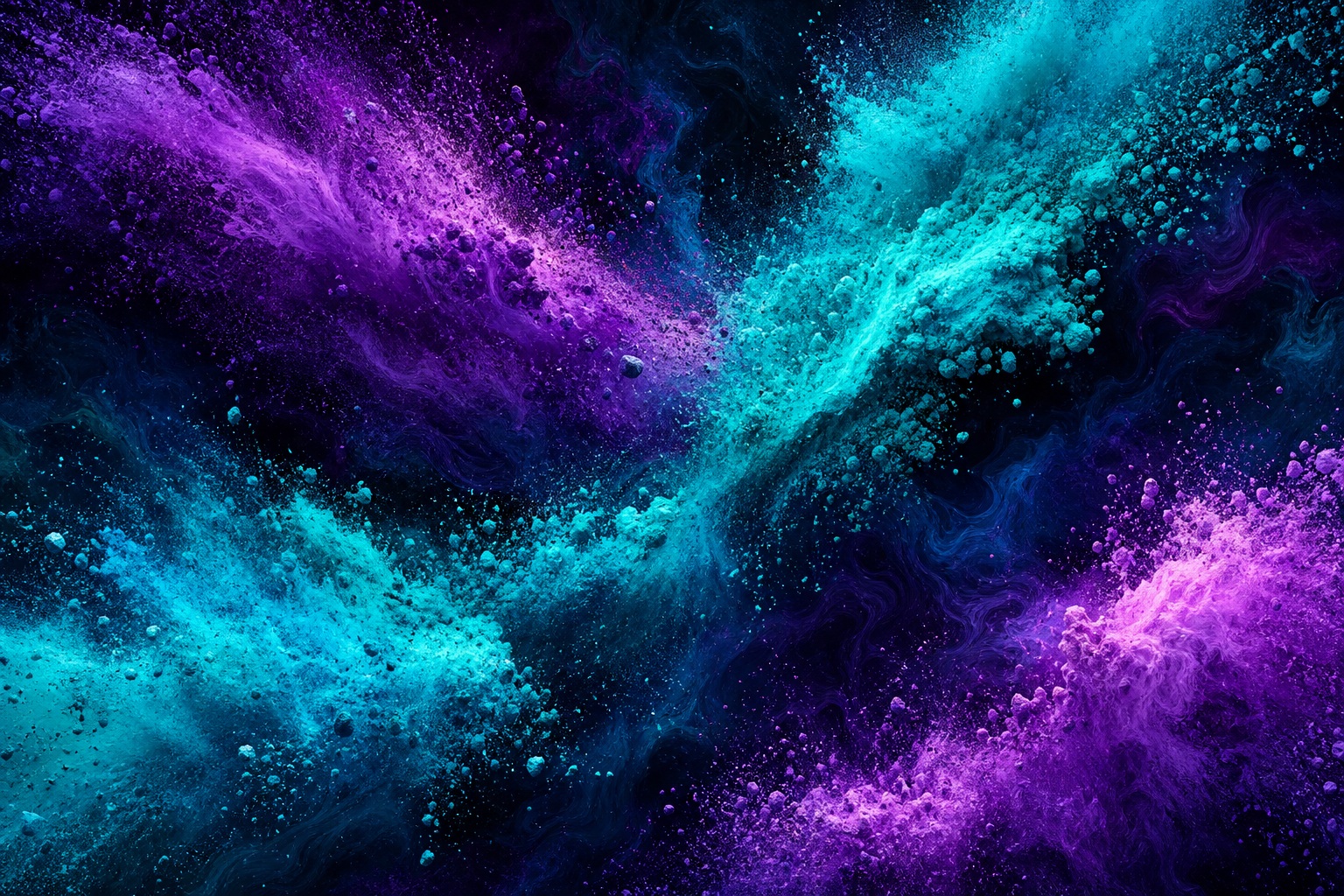 Violet and aqua abstract pigment burst spreading across a dark background