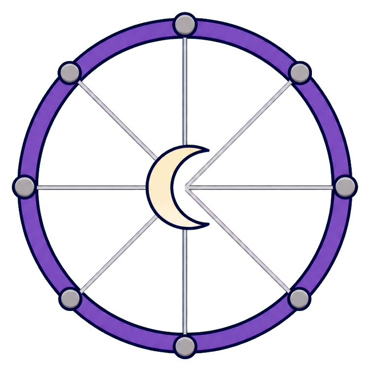 Circular violet talisman with a crescent moon at the center and radiating web lines