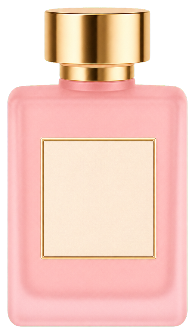 Pink perfume bottle with a blank label and gold cap.