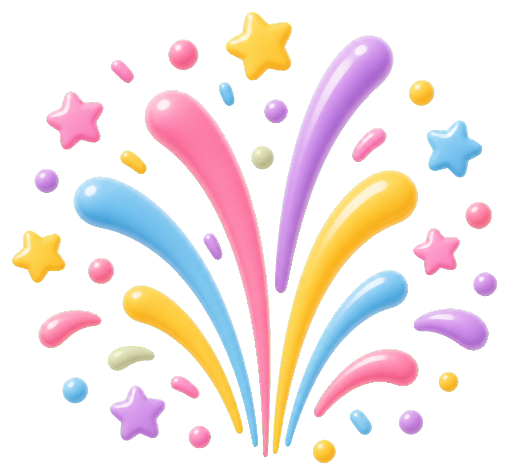 Colorful celebration burst with star shapes and curved confetti rays