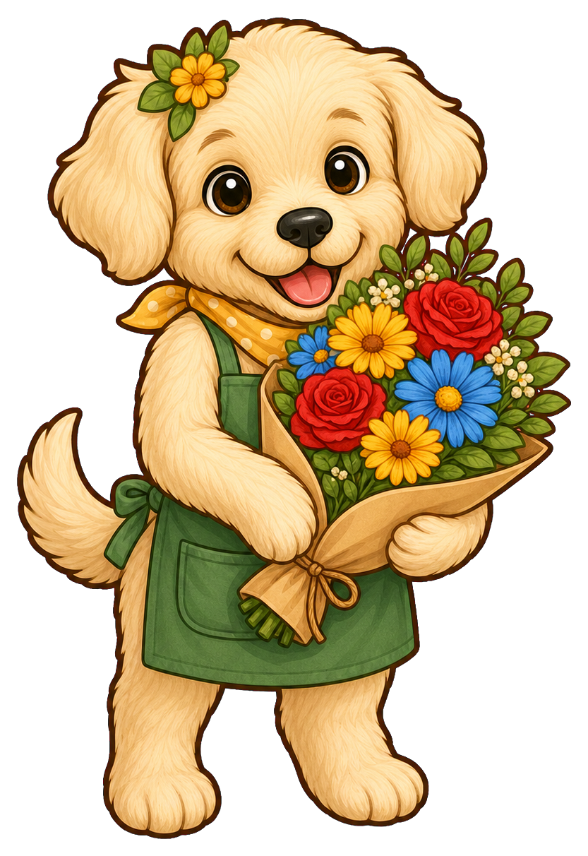 Cute puppy wearing a green apron and holding a colorful flower bouquet