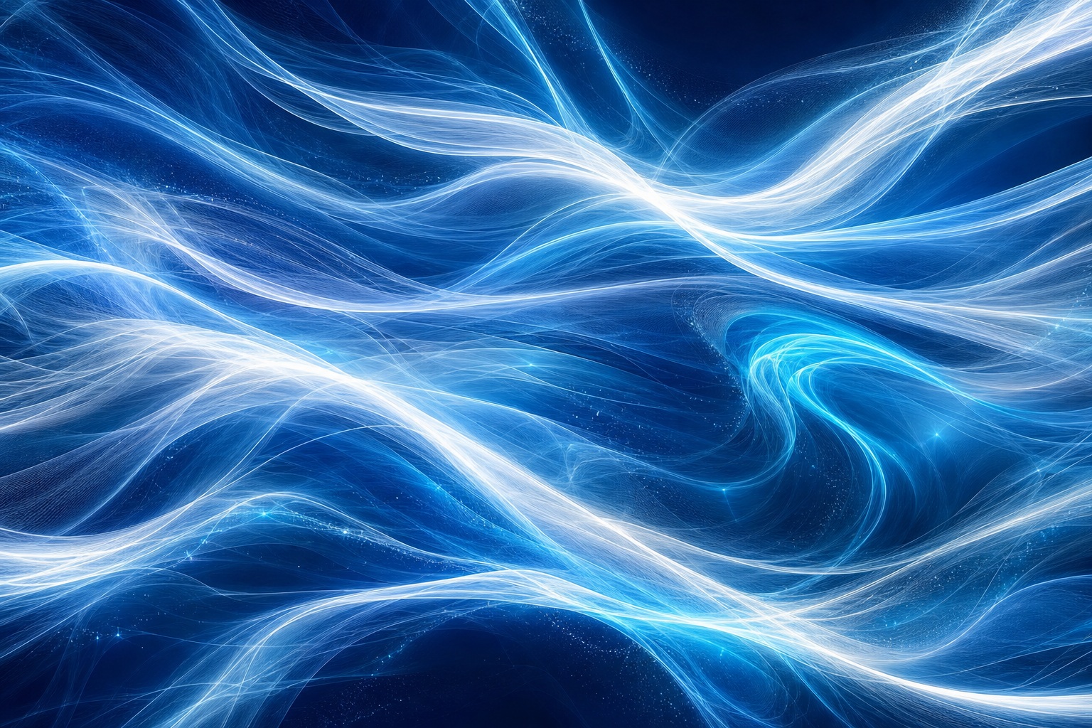 Blue and white light trails flowing in sweeping abstract ribbons across a dark background.