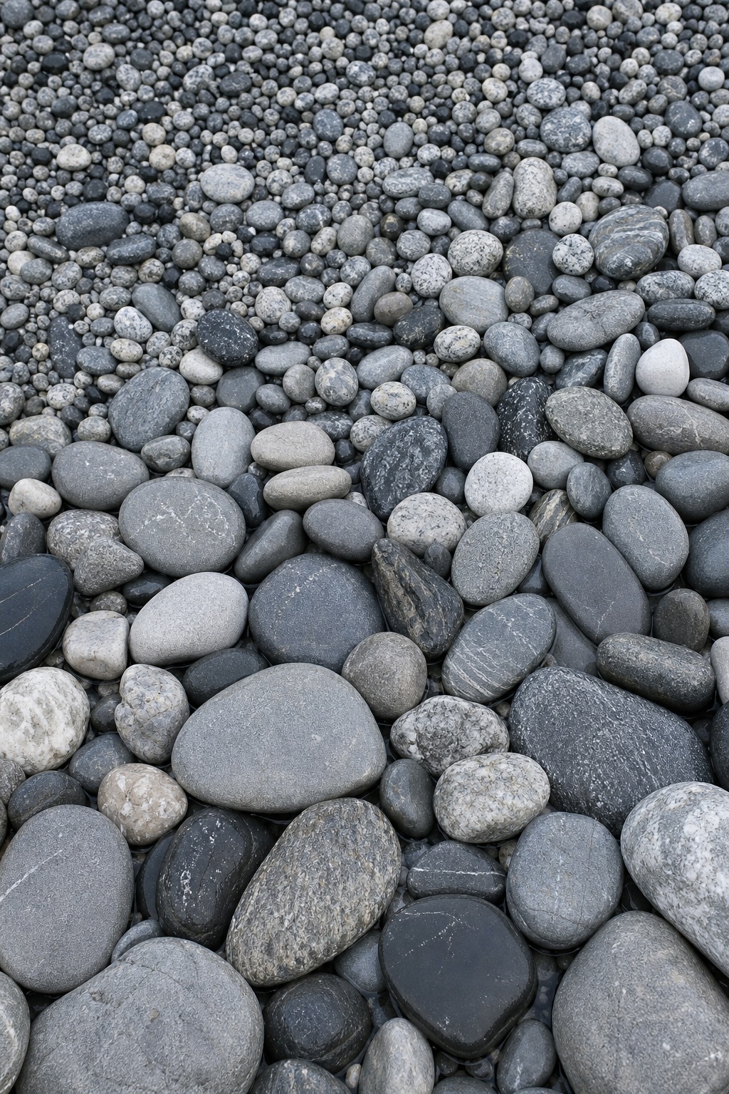 Smooth gray river stones and pebbles covering a natural textured surface