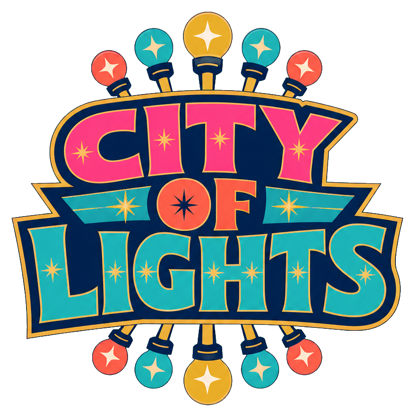 Colorful City of Lights text sticker surrounded by glowing bulbs and stars.
