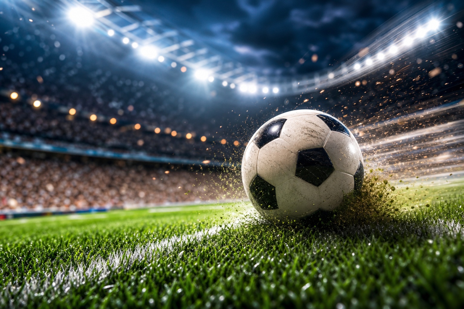 Soccer ball resting on green turf in a brightly lit stadium at night